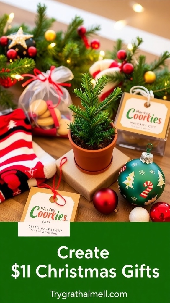 A variety of $1 Christmas gifts including cookies, a plant, socks, and ornaments on a festive table.